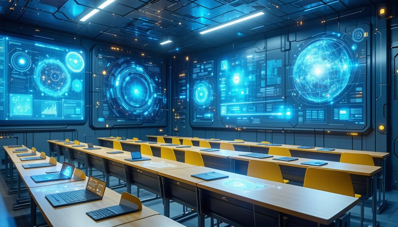 A futuristic classroom with digital interfaces and A futuristic classroom with digital interfaces and